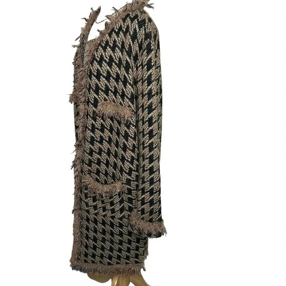 Davi + Dani 2X trendy black tan gold long fringe trim long sweater coat - Picture 3 of 11